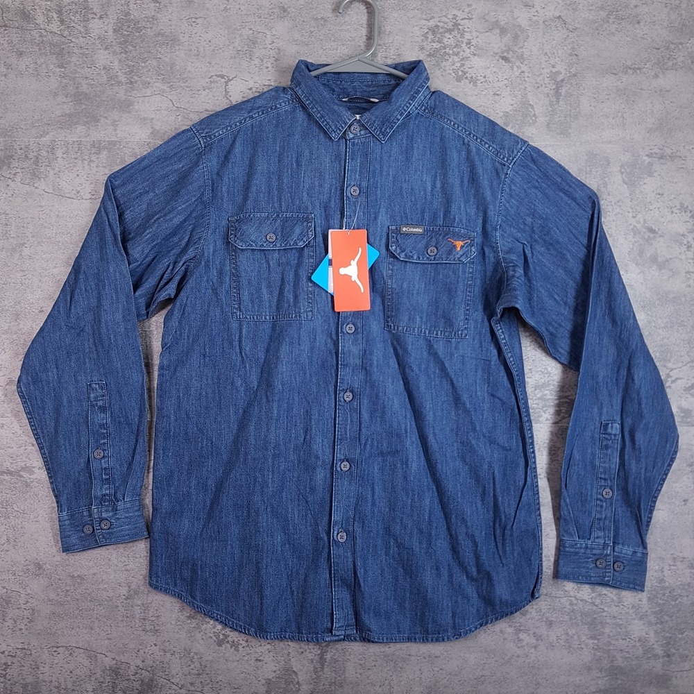 COLUMBIA Texas Longhorns Flare Gun Flannel Denim Button-Up Shirt Men MEDIUM Navy